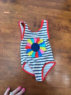 Mini Boden Striped Girls One-Piece Swimsuit with Colorful Flower size 3-4Y